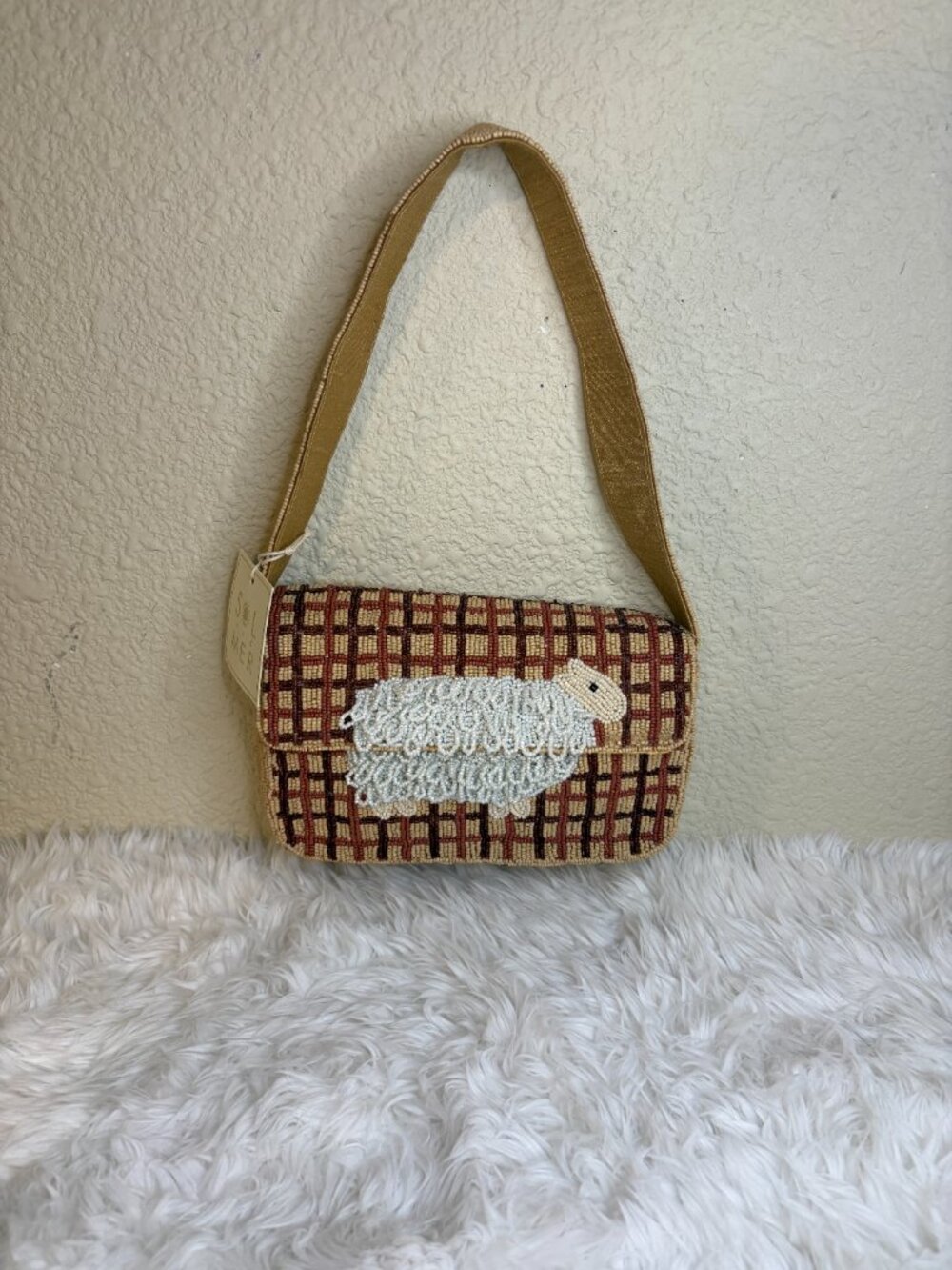 Viral 3D Sheep Beaded Shoulder Bag Plaid TikTok Quirky Farmcore NWT - Picture 2 of 9